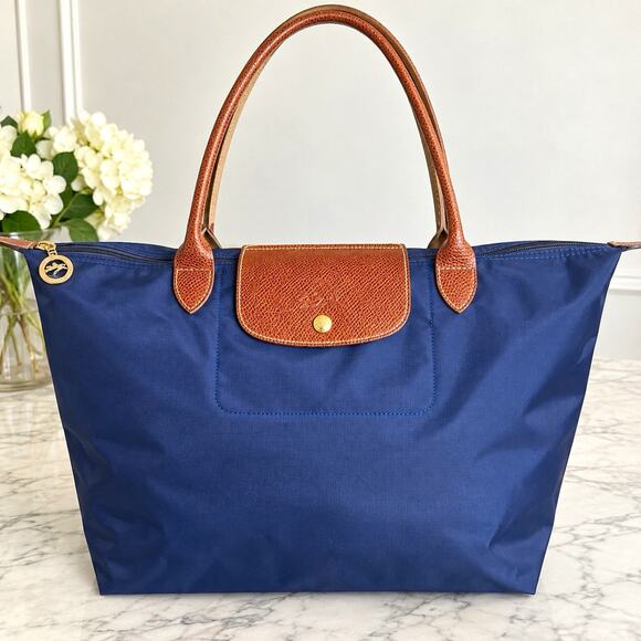 Longchamp Handbags - Longchamp Le Pliage Large Navy Tote Bag Brown Leather 18x14